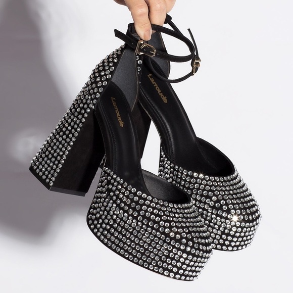 New Larroude Ari Crystal Pump In Black Suede Platform Chunky Sparkle Sz 9.5 - Picture 1 of 16